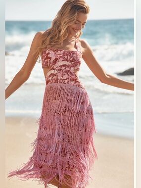 Anthropologie Linen Fringe Column Midi Dress NWT!